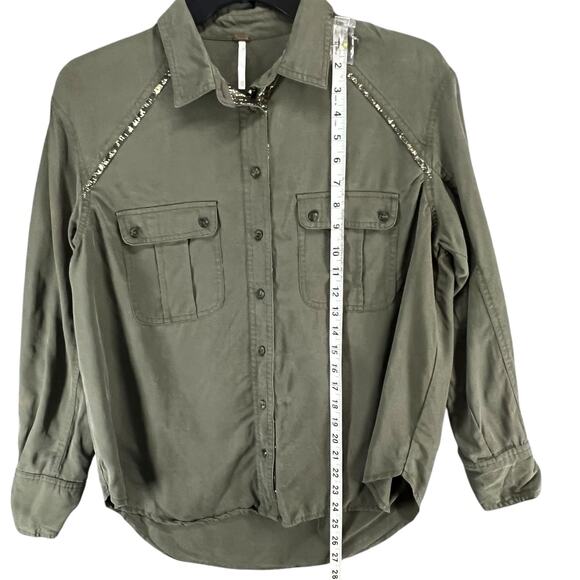 Free People Off Campus Shirt Womens XS Moss Green Tencel Metallic Boho Utility - Picture 9 of 16